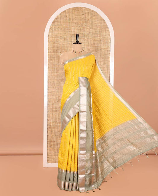 Yellow Assam Silk Saree, Ornamented with Micro-Checked Zari Design All Over Its Body, Complemented by a Contrast Traditional Design Rettai Pettu Border, Zari Design Pallu, and Paired with a Contrast Blouse