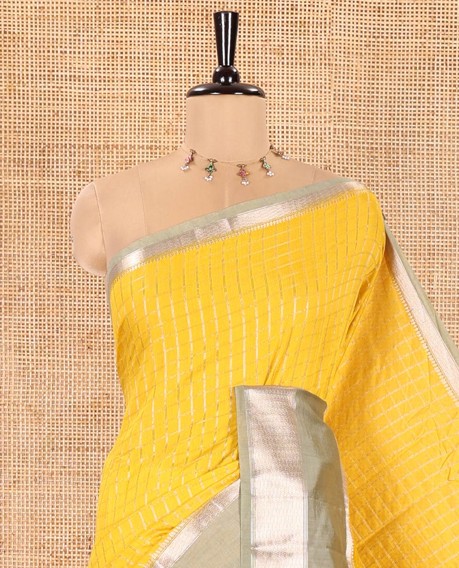 Yellow Assam Silk Saree, Ornamented with Micro-Checked Zari Design All Over Its Body, Complemented by a Contrast Traditional Design Rettai Pettu Border, Zari Design Pallu, and Paired with a Contrast Blouse