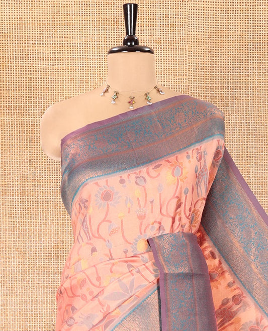 Peach Litchi Saree, Artfully Decked Up with Floral and Giraffe Designs in Resham Thread and Zari, Complemented by Contrast Floral Zari Border, Grand Jaal Design Pallu, and Paired with a Contrast Blouse