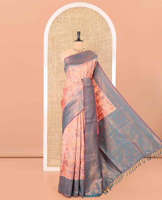 Peach Litchi Saree, Artfully Decked Up with Floral and Giraffe Designs in Resham Thread and Zari, Complemented by Contrast Floral Zari Border, Grand Jaal Design Pallu, and Paired with a Contrast Blouse