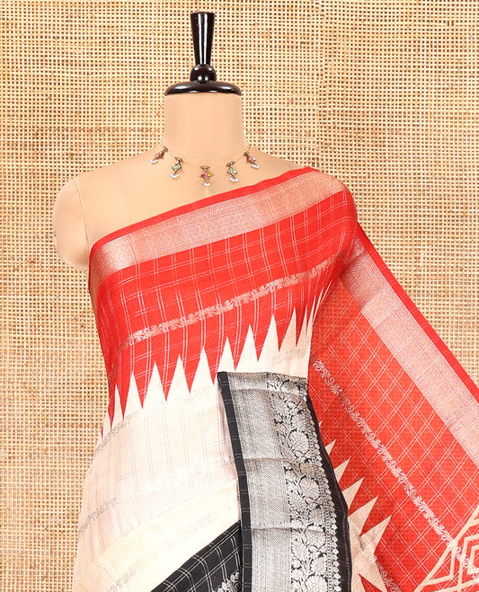 Off-White Fancy Georgette Saree, Featuring Zari Designs, Complemented by a Contrast Ganga-Jamuna Zari Temple Border of Traditional Designs, Pallu of Paisleys, and Paired with a Contrast Blouse