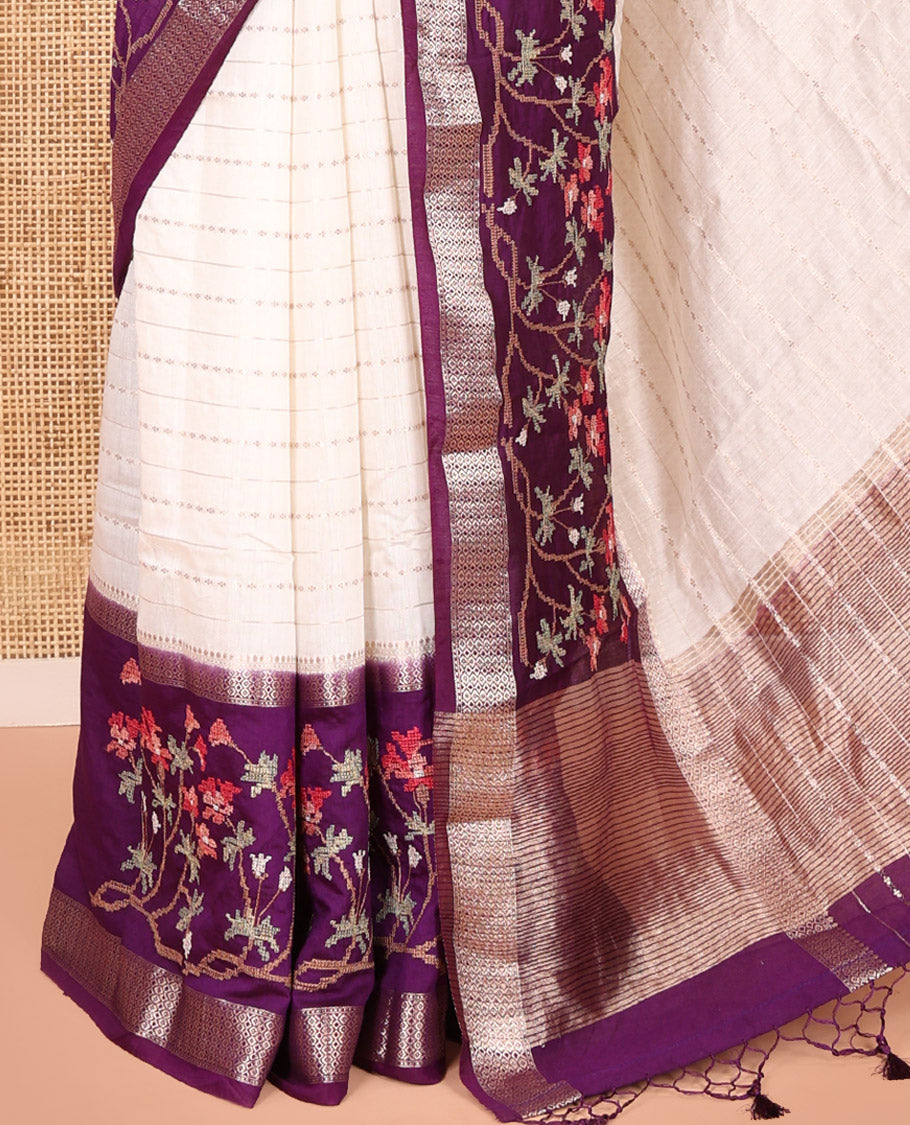 Off-White Assam Silk Saree Featuring Horizontal Zari Stripes, Contrast Floral Embroidered Border, Zari Striped Pallu, and Contrast Blouse