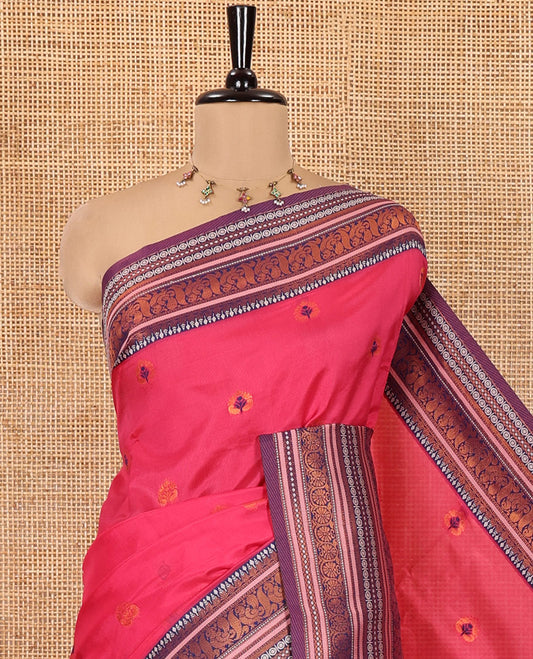 Pink Litchi Chettinad Cotton Saree Features Buttas, Contrast Traditional Border, Grand Pallu, Contrast Blouse