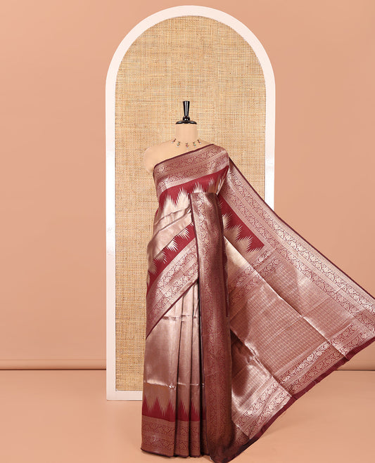 Dark Maroon Litchi Saree Features Tissue-Zari Weave, a Temple Kodi Visiry Border, Grand Pallu and a Matching Blouse
