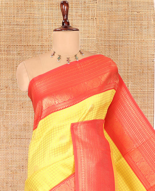 Yellow Litchi Saree with Zari Buttas and Zari Checks, Contrast Traditional Zari Border, Intricate Pallu, a Contrast Blouse