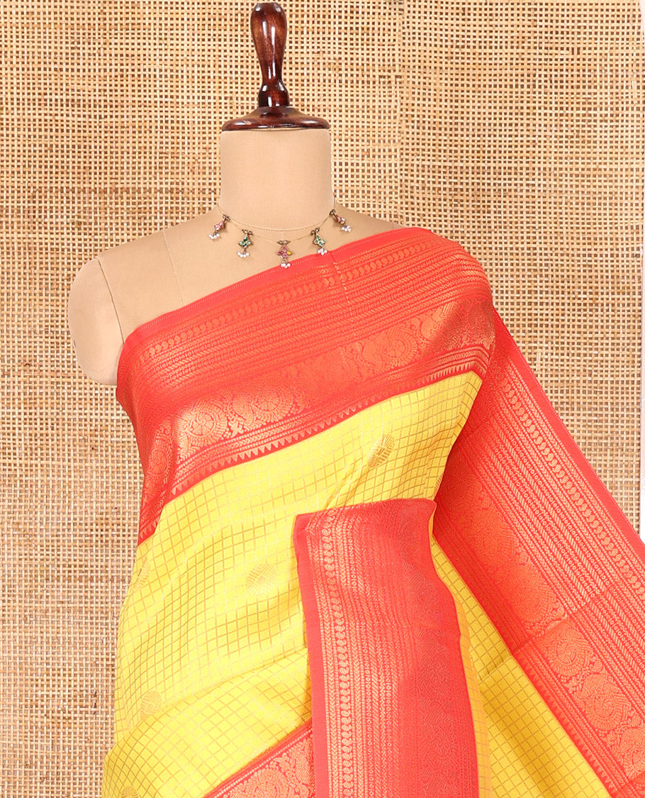 Yellow Litchi Saree, Enriched with Zari Buttas and Zari Checks, Complemented by a Contrast Traditional Zari Border, Intricate Pallu, a Contrast Blouse