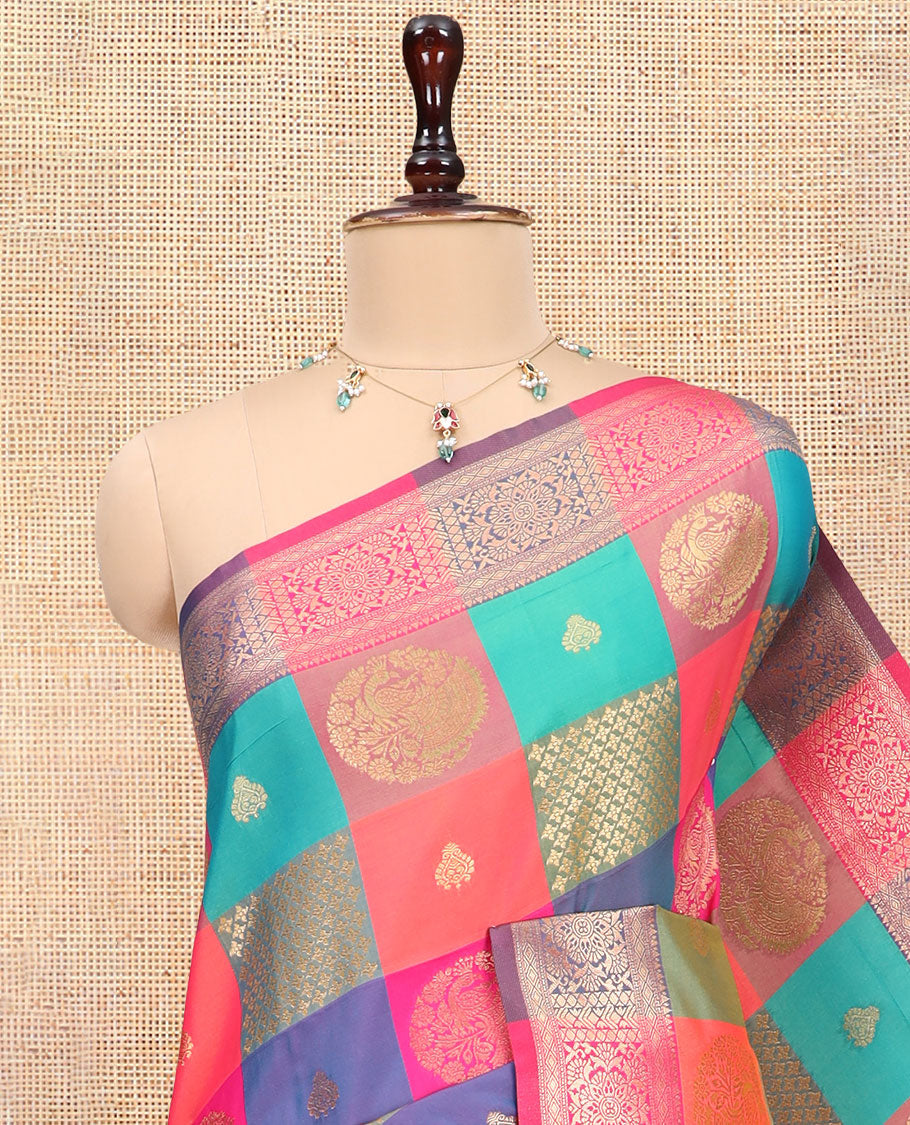 Multi-Color Palum Pazhamum Checked Fancy Soft Silk Saree, Adorned with Zari Buttas, a Zari Border, Rich Pallu, a Matching Blouse