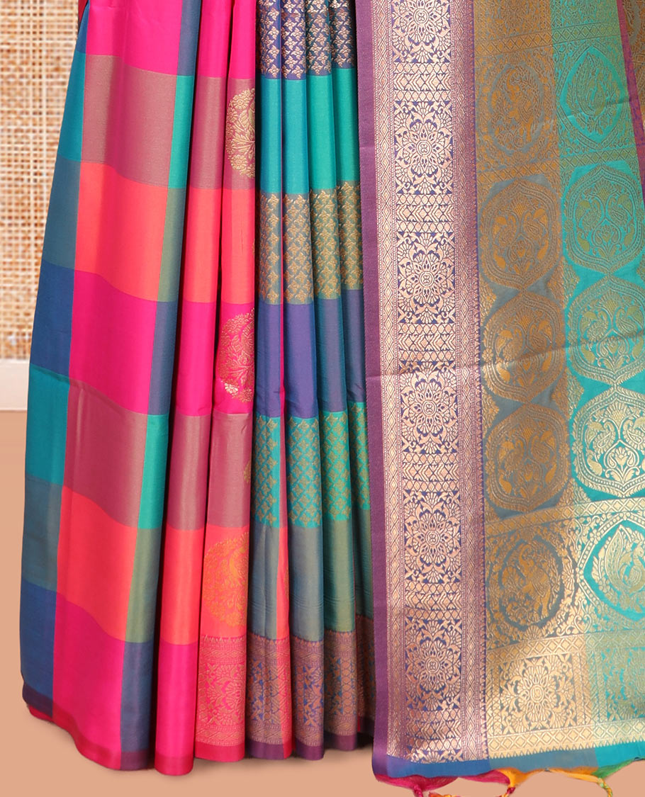 Multi-Color Palum Pazhamum Checked Fancy Soft Silk Saree, Adorned with Zari Buttas, a Zari Border, Rich Pallu, a Matching Blouse