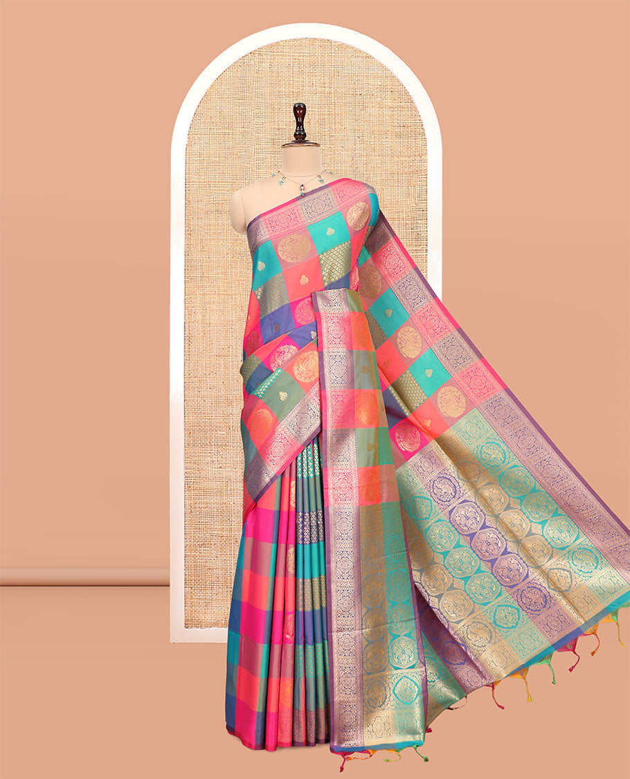 Multi-Color Palum Pazhamum Checked Fancy Soft Silk Saree, Adorned with Zari Buttas, a Zari Border, Rich Pallu, a Matching Blouse