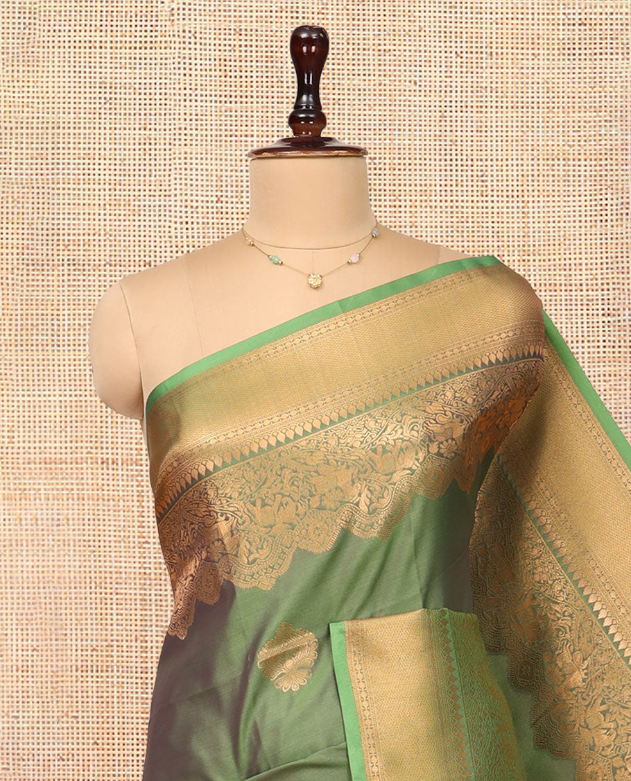 Leaf Green Zari Buttas Soft Silk Saree, Animal Motif Zari Border, Grand Pallu, Matching Blouse