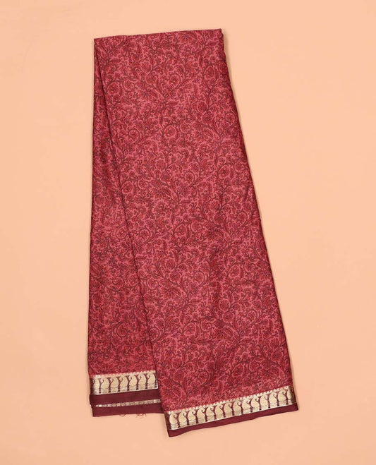 Red floral printed semi-banaras printed saree, paisley motifs border & intricate paisley motifs border 