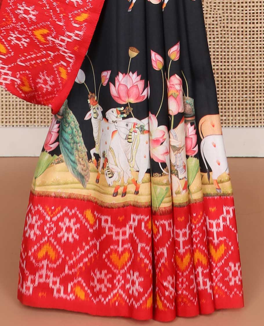Black pichwai style design printed silk saree with contrast floral design & ikkat style floral design pallu