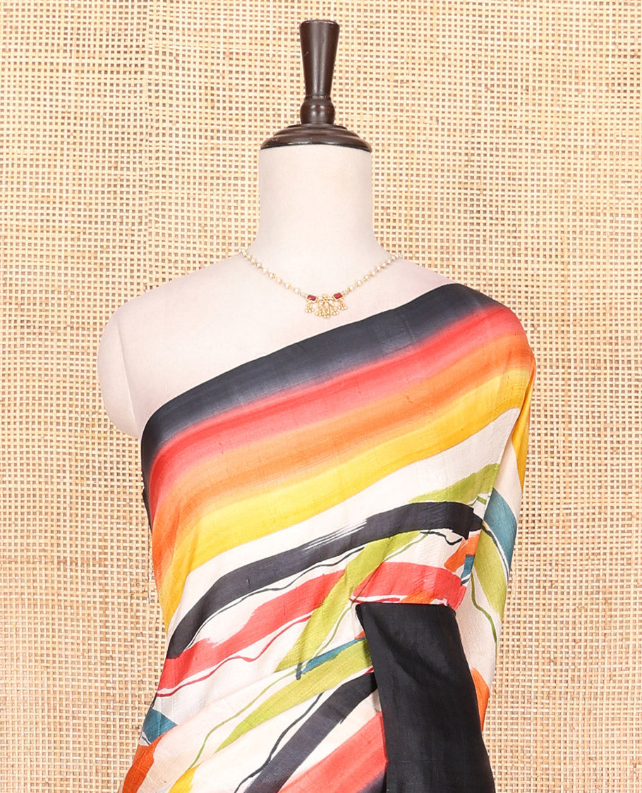 Black-base multi-color striped printed saree, self-pallu of colorful stripes