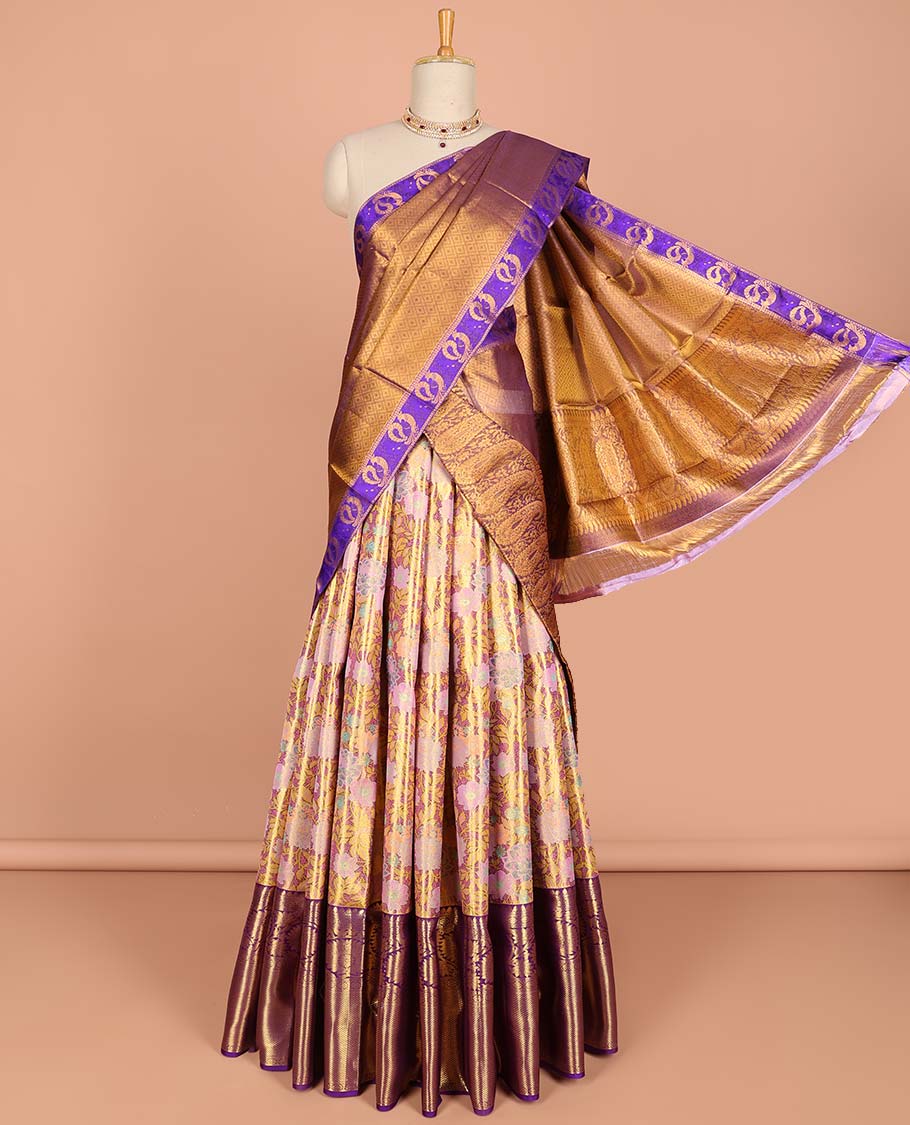 Violet floral jacquard pure silk half saree with contrast traditional design border , zari design blouse & checked, floral design dhavani