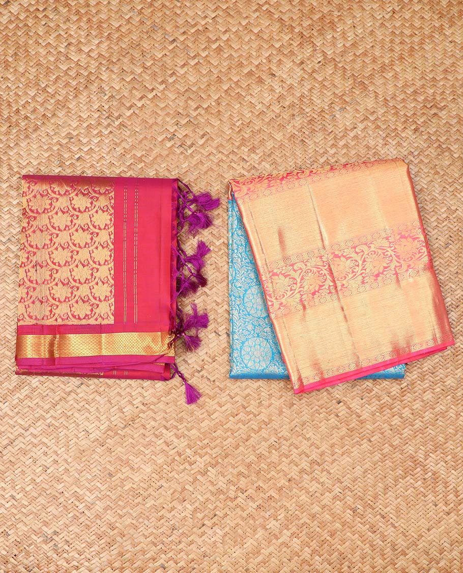 Blue round floral buttas pure silk half saree with contrast zari border,  contrast zari design blouse & plain with zari border dhavani