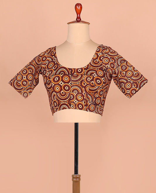 Maroon spiral motifs printed front and back round neck elbow sleeve cotton readymade blouse