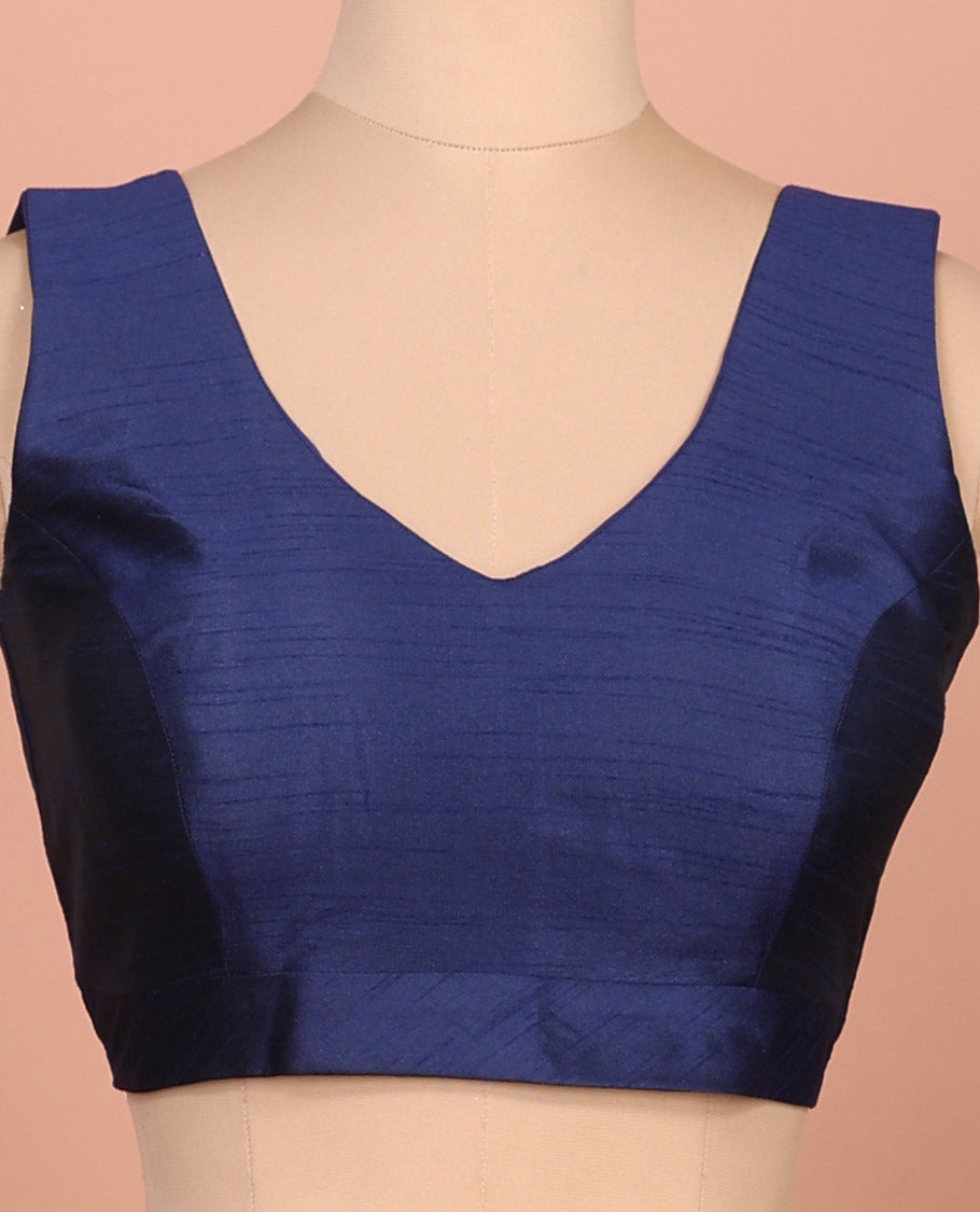 Navy blue plain front-back V-neck sleeveless readymade blouse