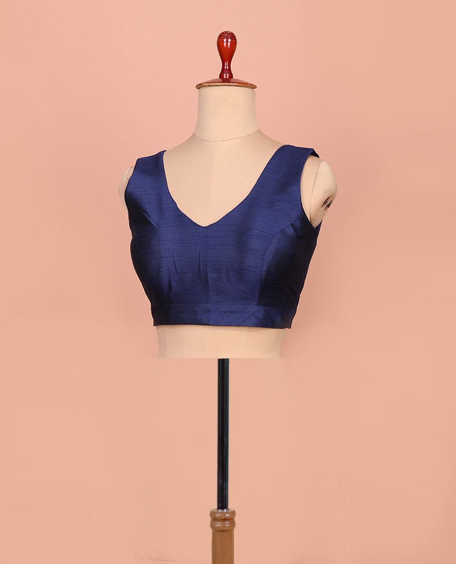 Navy blue plain front-back V-neck sleeveless readymade blouse