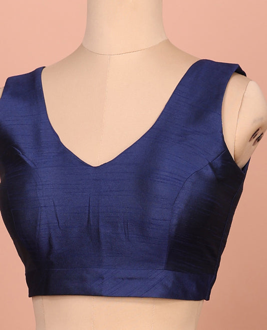 Navy blue plain front-back V-neck sleeveless readymade blouse