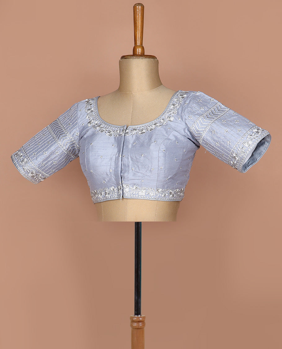 Grey intricately thread embroidered round neck elbow sleeve raw silk readymade blouse
