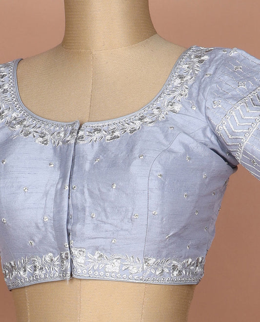 Grey intricately thread embroidered round neck elbow sleeve raw silk readymade blouse