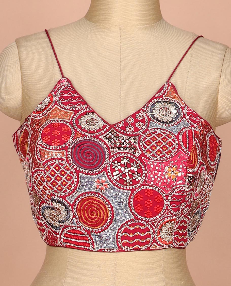 Maroon resham thread and sequins embroidered spaghetti sleeve V-neck readymade blouse