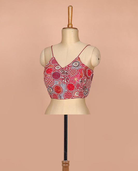 Maroon resham thread and sequins embroidered spaghetti sleeve V-neck readymade blouse