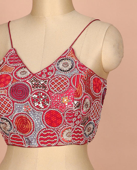 Maroon resham thread and sequins embroidered spaghetti sleeve V-neck readymade blouse