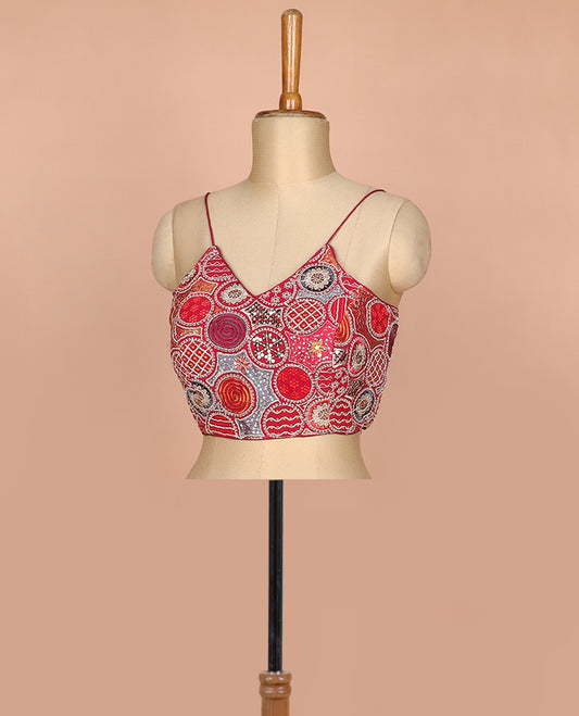 Maroon resham thread and sequins embroidered spaghetti sleeve V-neck readymade blouse