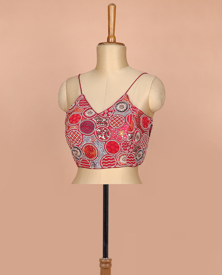 Maroon resham thread and sequins embroidered spaghetti sleeve V-neck readymade blouse