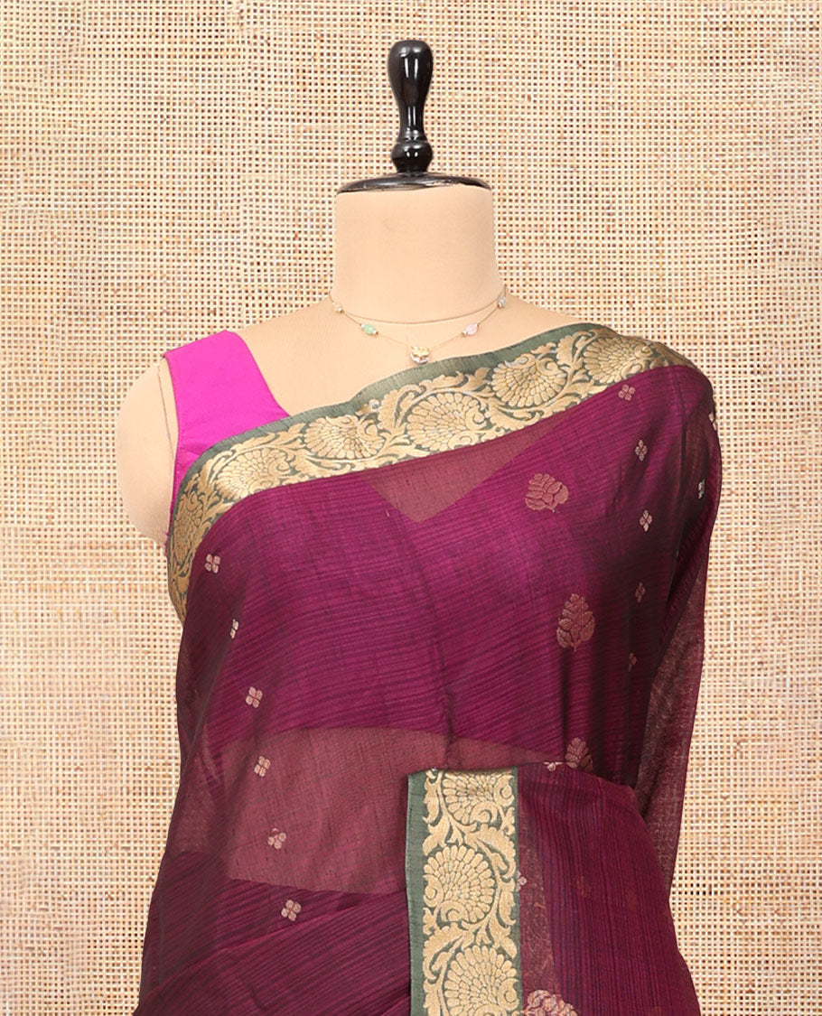 Wine Silk Cotton Saree, Adorned with Zari Buttas, a Contrast Floral Creeper Border, Grand Pallu, and a Contrast Blouse