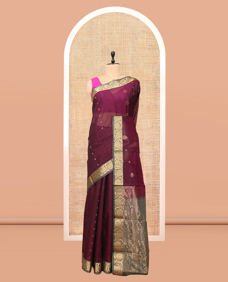 Wine Silk Cotton Saree, Adorned with Zari Buttas, a Contrast Floral Creeper Border, Grand Pallu, and a Contrast Blouse