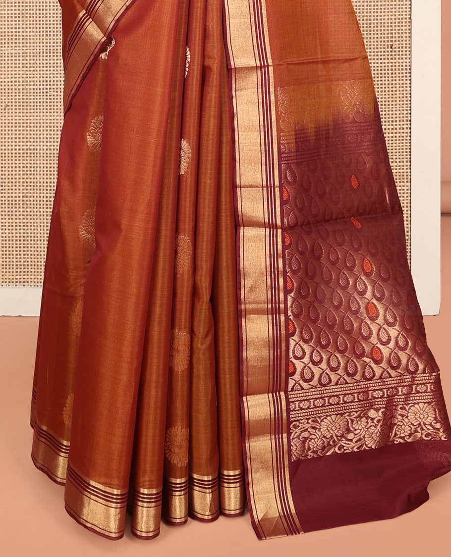 Brown Silk Cotton Saree, Beautified with Buttas, a Contrast Zari Border,  Pallu of Intricate Designs, and a Contrast Blouse