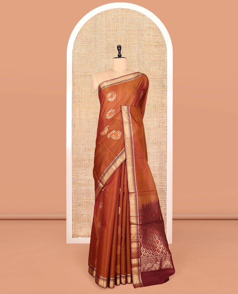 Brown Silk Cotton Saree, Beautified with Buttas, a Contrast Zari Border,  Pallu of Intricate Designs, and a Contrast Blouse