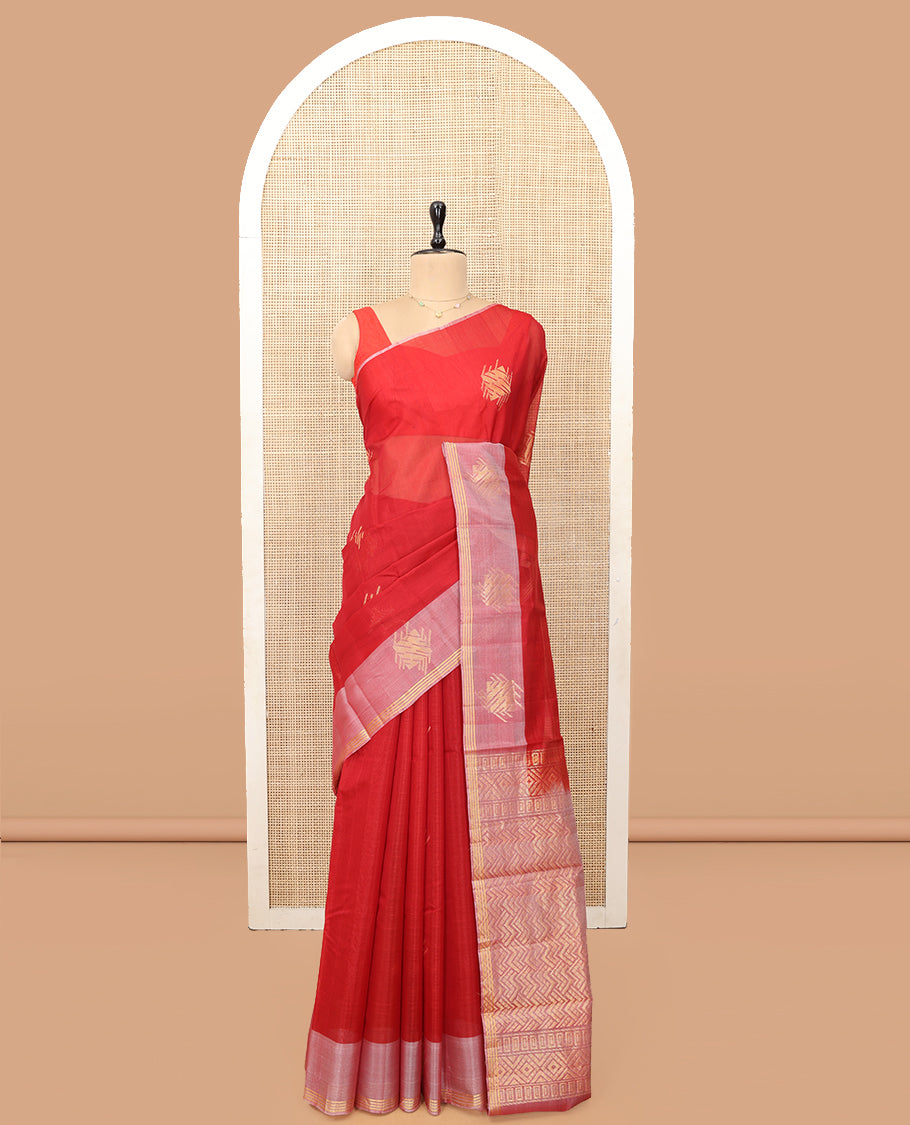 Red Silk Cotton Saree Featuring Zari Buttas, a Contrast Zari Buttas Border, Geometric Patterned Pallu, and a Contrast Blouse