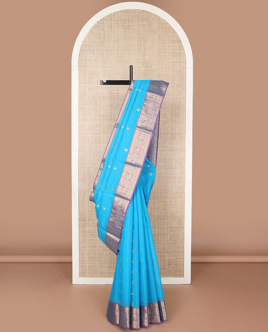 light blue motifs silk cotton saree with contrast zari design border & argyle design pallu