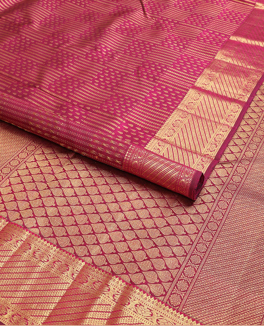 Maroon geometric design silk saree with self-border of zari design & floral, checked zari design pallu