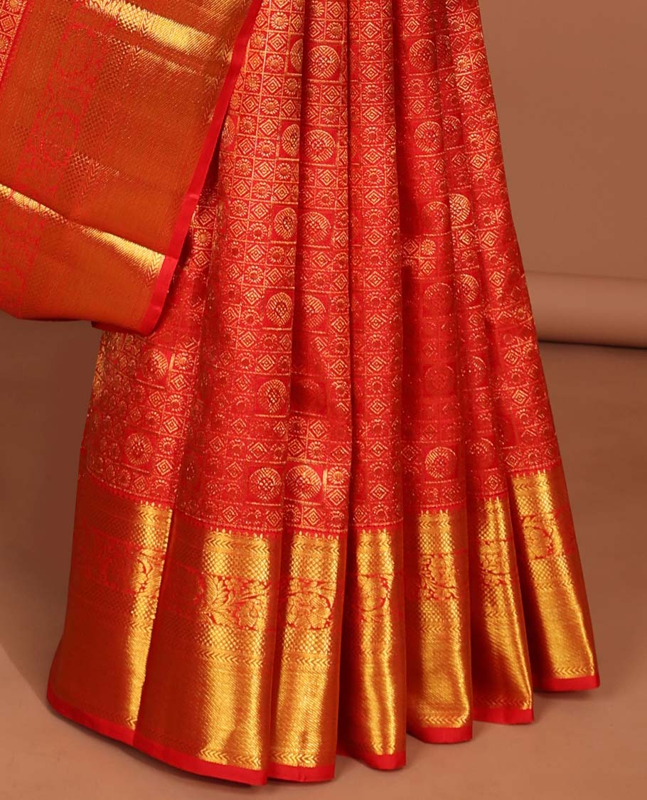 Red floral with checked design silk saree , self border of thilakam mokku,kuyil kann,kodi visiry design & intricate zari pallu