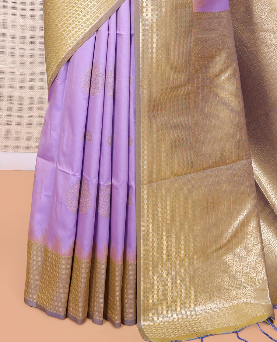 Lavender Fancy Soft Silk Saree, Accentuated with Zari Buttas, Complemented by Contrast Zari Checked Temple Border, Grand Pallu, and a Contrast Blouse