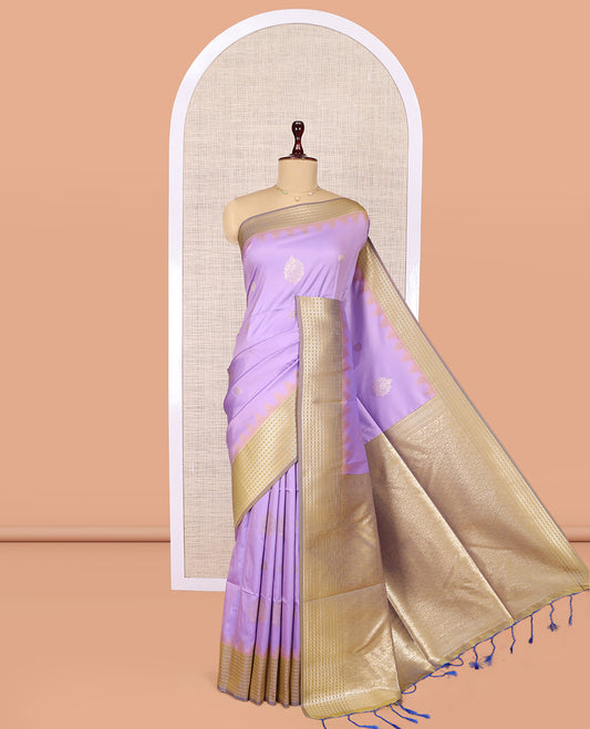Lavender Fancy Soft Silk Saree, Accentuated with Zari Buttas, Complemented by Contrast Zari Checked Temple Border, Grand Pallu, and a Contrast Blouse