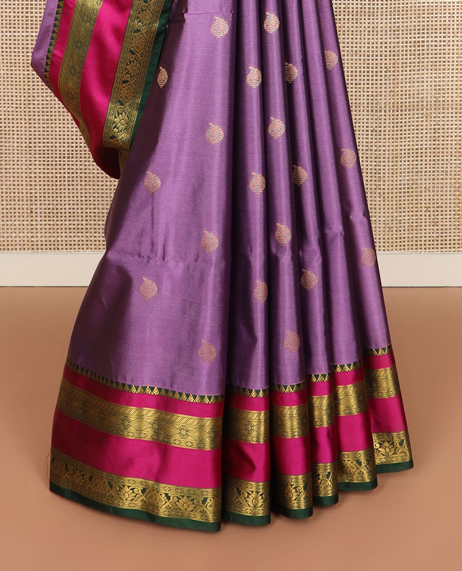 Purple zari buttas soft silk saree, contrast traditional design zari rettai pettu border, and intricate pallu