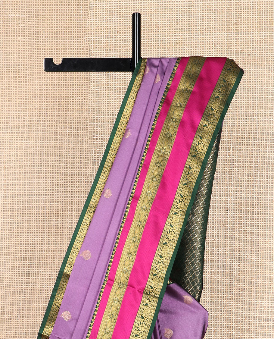 Purple zari buttas soft silk saree, contrast traditional design zari rettai pettu border, and intricate pallu