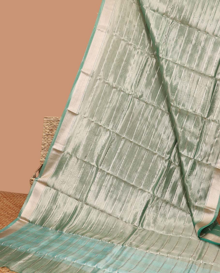 Pastel green striped semi-banaras tissue saree, plain border & striped pallu 