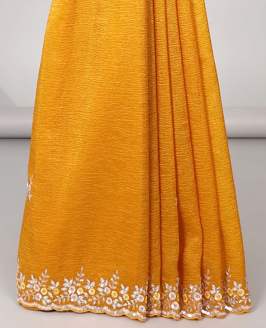 Yellow all-over floral motifs embroidered with floral embroidered scallop border