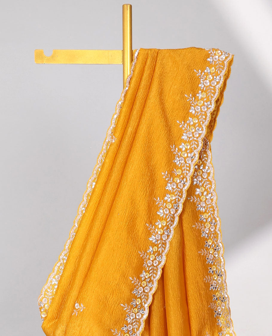 Yellow all-over floral motifs embroidered with floral embroidered scallop border