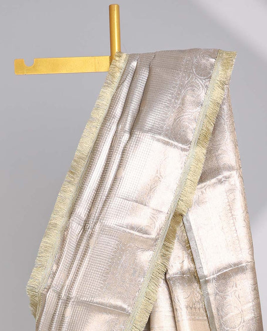Beige checked , floral design tissue saree with self zari design & intricate zari design pallu