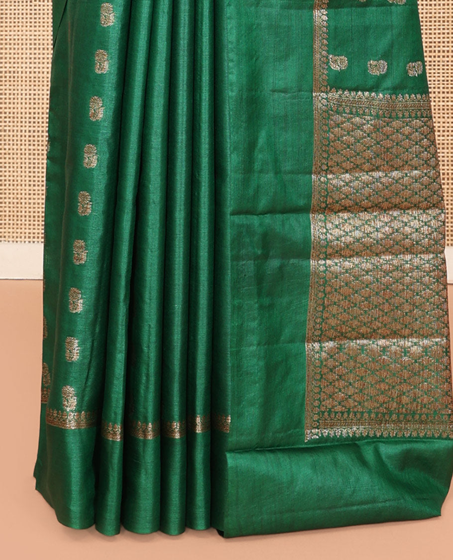 Green Tussar Silk Saree, Elevated with Zari Buttas, a Traditional Zari Border, Jaal Pallu, and a Contrast Blouse