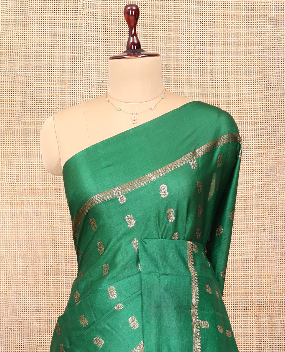 Green Tussar Silk Saree, Elevated with Zari Buttas, a Traditional Zari Border, Jaal Pallu, and a Contrast Blouse