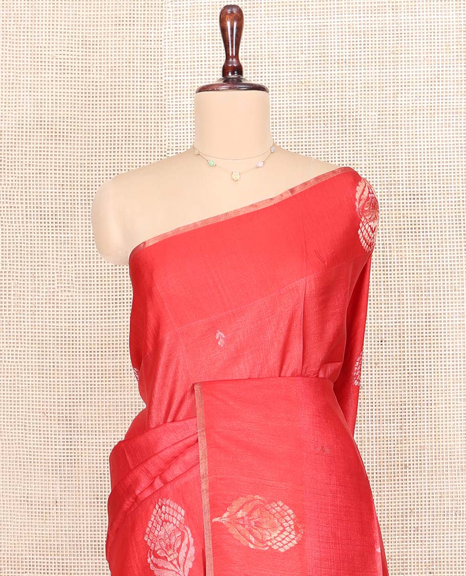 Borderless Red Tussar Silk Saree, Mesmerized with Zari Buttas on Its Body, Pallu Subtly Highlighted by Zari Buttas, and Paired with a Matching Blouse