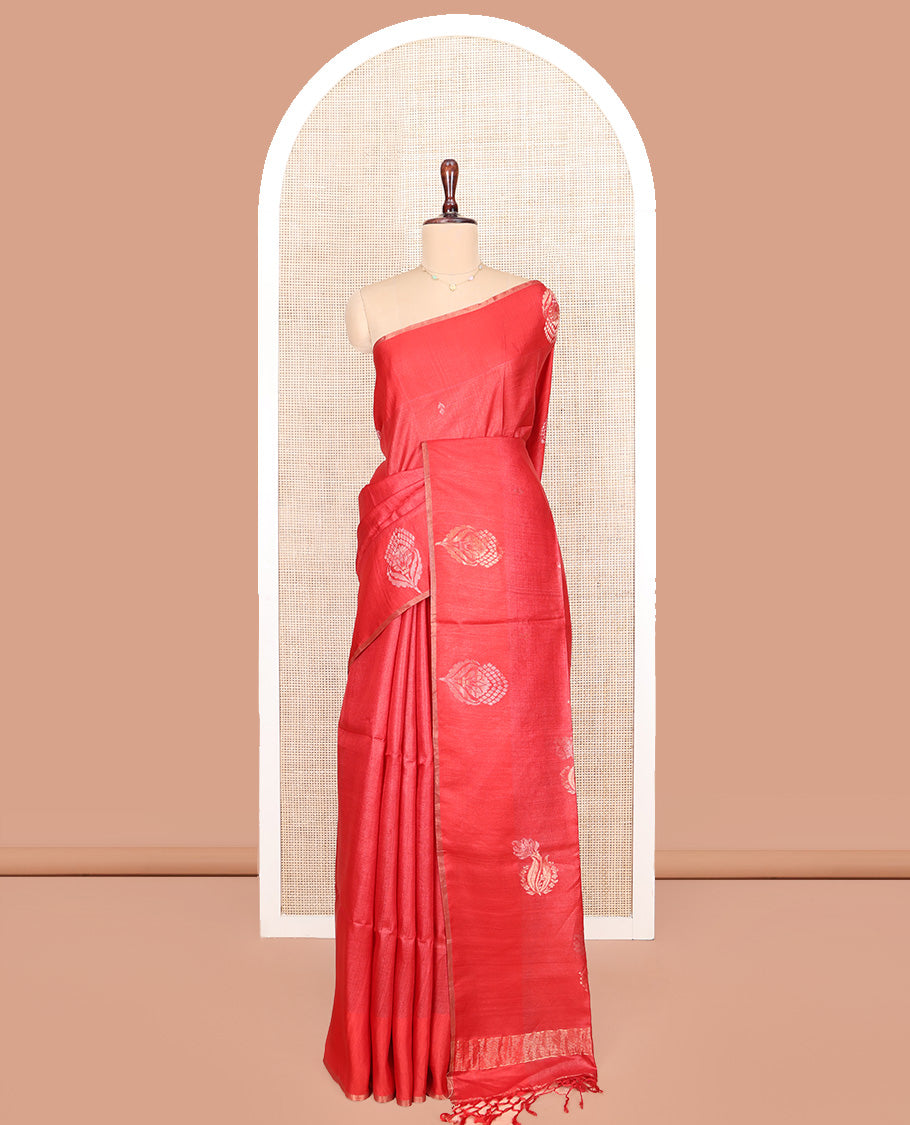 Borderless Red Tussar Silk Saree, Mesmerized with Zari Buttas on Its Body, Pallu Subtly Highlighted by Zari Buttas, and Paired with a Matching Blouse